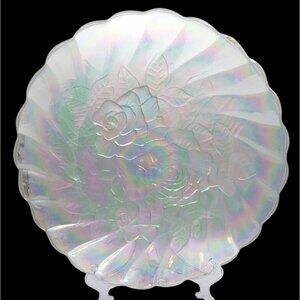 Iridescent Clear Carnival Glass Rose Round Swirl Scalloped Rainbow Platter